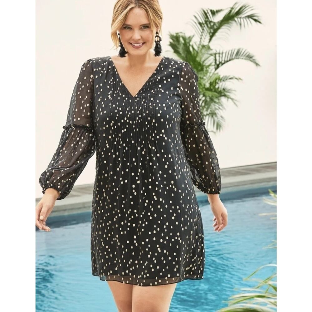 Lilly Pulitzer Cleme Silk Clip Dot Dress Black Gold Sheer Sleeve Shift Size 8